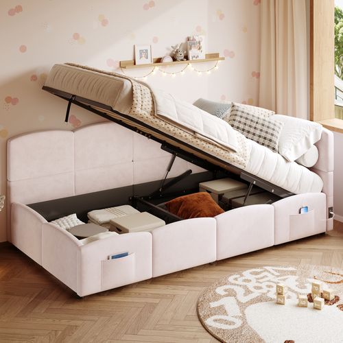 Lit Enfant Coffre 90x200 Cm Avec USB Et Poches De Rangement Latérales Velours Rose