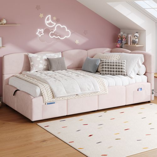 Lit Enfant Coffre 90x200 Cm Avec USB Et Poches De Rangement Latérales Velours Rose