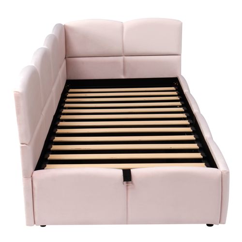 Lit Enfant Coffre 90x200 Cm Avec USB Et Poches De Rangement Latérales Velours Rose