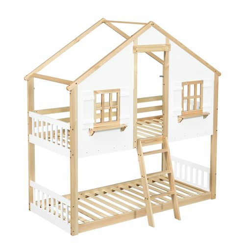 Lit Superposé Cabane 2x90x200cm Avec Sommier à Lattes Et Échelle Blanc + Imitation Chêne