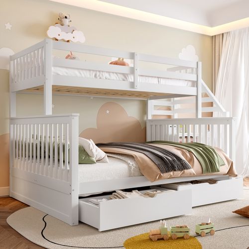 Lit Superposé 90x200cm + 140x200cm Avec 2 Tiroirs Et 4 Escaliers De Rangement Blanc