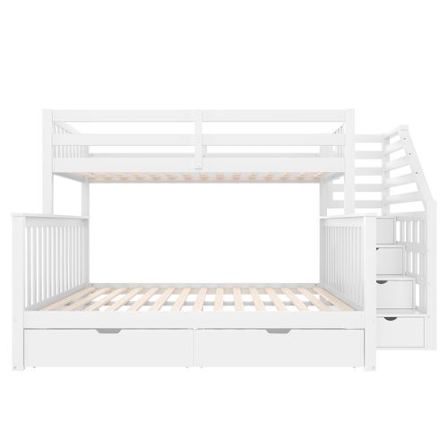 Lit Superposé 90x200cm + 140x200cm Avec 2 Tiroirs Et 4 Escaliers De Rangement Blanc