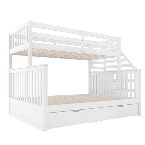 Lit Superposé 90x200cm + 140x200cm Avec 2 Tiroirs Et 4 Escaliers De Rangement Blanc