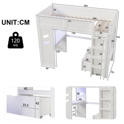 Lit Mezzanine 90x200cm Avec LED, USB, Bureau, Penderie Et 2 Tiroirs Blanc