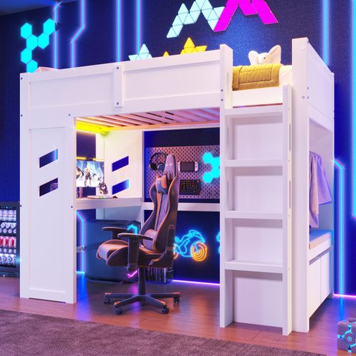 Lit Mezzanine 90x200cm Avec LED, USB, Bureau, Penderie Et 2 Tiroirs Blanc