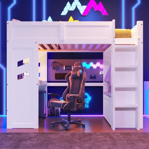 Lit Mezzanine 90x200cm Avec LED, USB, Bureau, Penderie Et 2 Tiroirs Blanc