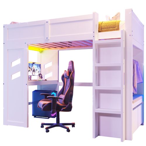 Lit Mezzanine 90x200cm Avec LED, USB, Bureau, Penderie Et 2 Tiroirs Blanc