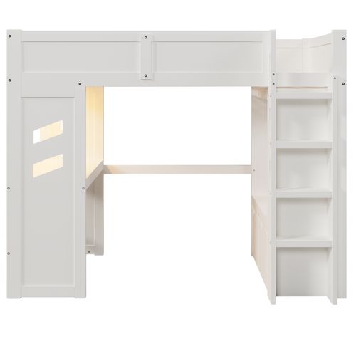 Lit Mezzanine 90x200cm Avec LED, USB, Bureau, Penderie Et 2 Tiroirs Blanc