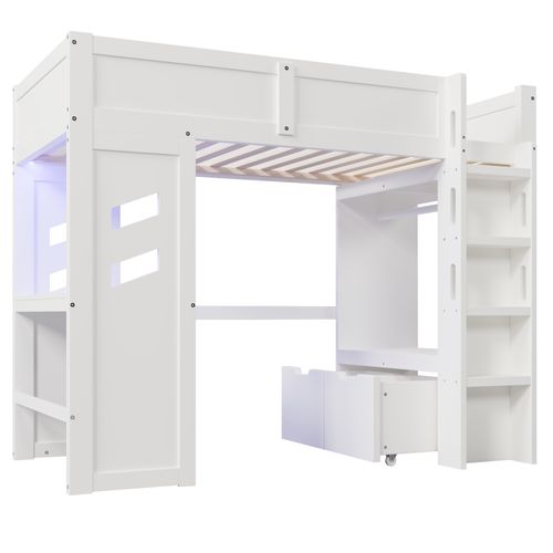 Lit Mezzanine 90x200cm Avec LED, USB, Bureau, Penderie Et 2 Tiroirs Blanc