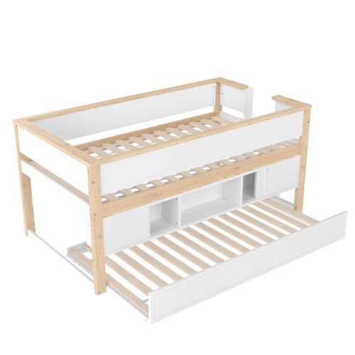 Lit Gigogne 90x200cm + 90x190cm Avec Plusieurs Étagères Blanc + Imitation Chêne