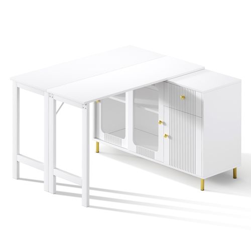 Ilot Central Cuisine Comptoir Avec Table Rotative Et Rétractable à 360° Et Portes Coulissantes Blanc