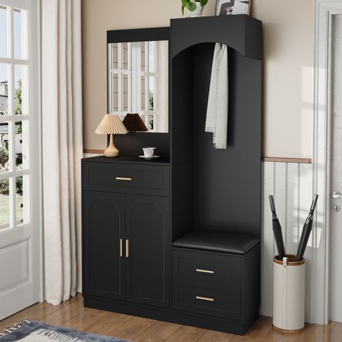 Armoire Avec 3 Portes, 1 Tiroir, Miroir Et Banc à Chaussures Noir