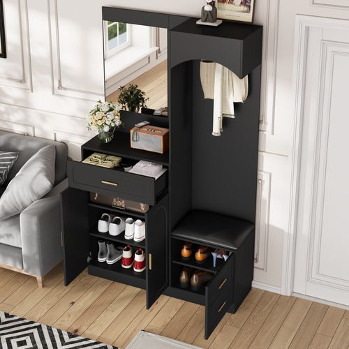 Armoire Avec 3 Portes, 1 Tiroir, Miroir Et Banc à Chaussures Noir