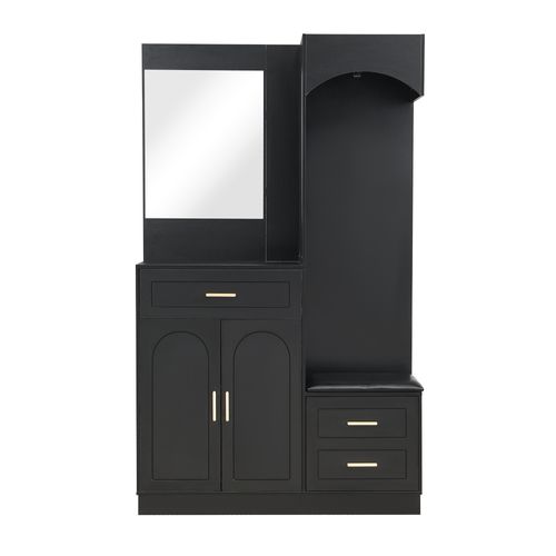 Armoire Avec 3 Portes, 1 Tiroir, Miroir Et Banc à Chaussures Noir