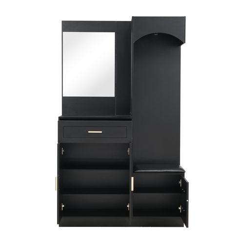 Armoire Avec 3 Portes, 1 Tiroir, Miroir Et Banc à Chaussures Noir