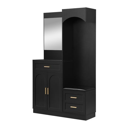 Armoire Avec 3 Portes, 1 Tiroir, Miroir Et Banc à Chaussures Noir