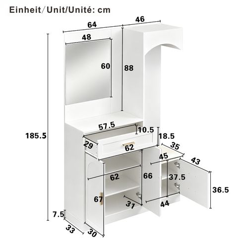 Armoire Avec 3 Portes, 1 Tiroir, Miroir Et Banc à Chaussures Blanc