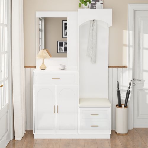 Armoire Avec 3 Portes, 1 Tiroir, Miroir Et Banc à Chaussures Blanc