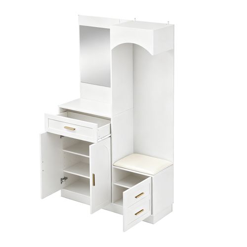 Armoire Avec 3 Portes, 1 Tiroir, Miroir Et Banc à Chaussures Blanc