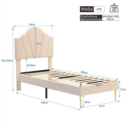 Lit Enfant 90 X 200 Cm Beige Velours Avec Tête De Lit Réglable En Forme De Coque + Pieds En Métal