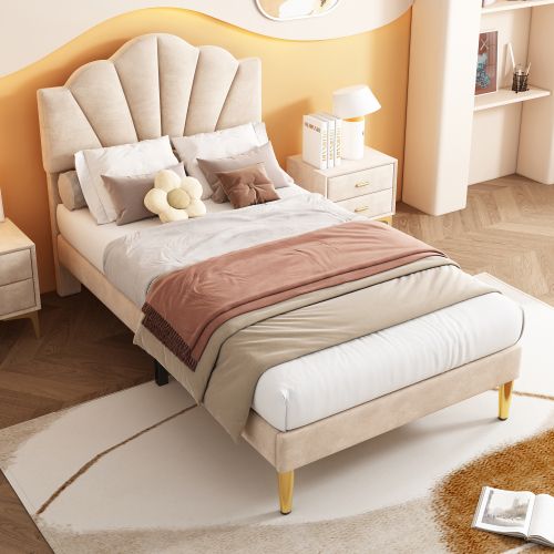Lit Enfant 90 X 200 Cm Beige Velours Avec Tête De Lit Réglable En Forme De Coque + Pieds En Métal