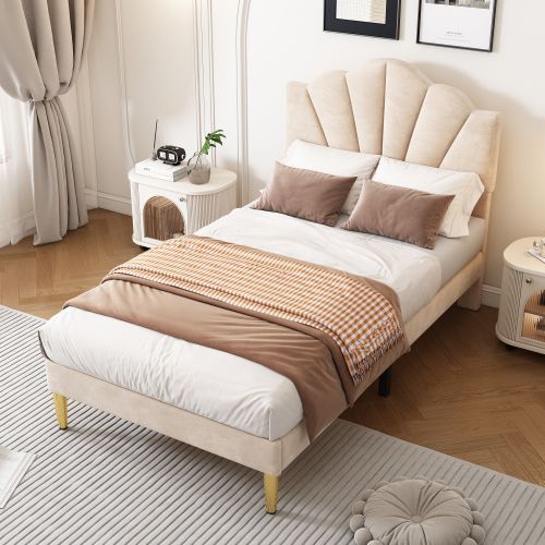 Lit Enfant 90 X 200 Cm Beige Velours Avec Tête De Lit Réglable En Forme De Coque + Pieds En Métal