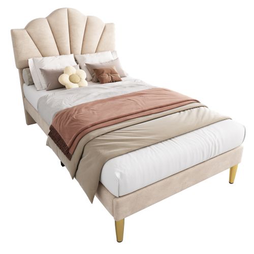 Lit Enfant 90 X 200 Cm Beige Velours Avec Tête De Lit Réglable En Forme De Coque + Pieds En Métal