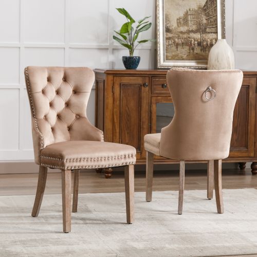 Lot De 2 Chaises Avec Décoration De Rivets Et Pieds En Bois Velours Beige Foncé