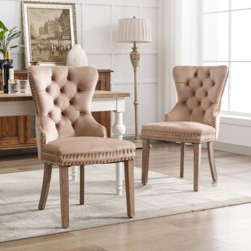 Lot De 2 Chaises Avec Décoration De Rivets Et Pieds En Bois Velours Beige Foncé