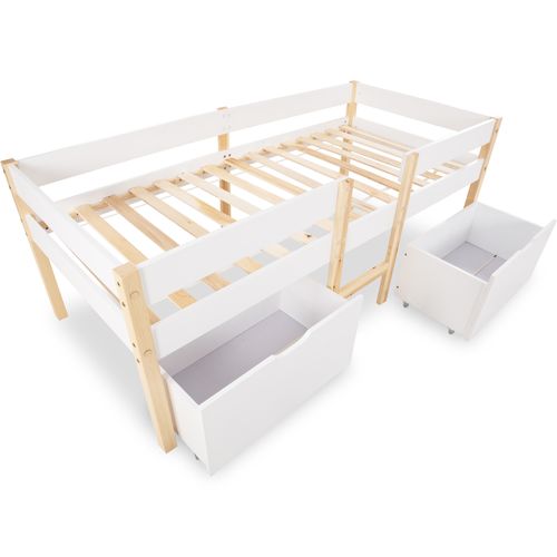 Lit Mi-hauteur 90 X 190 Cm 2 Grands Tiroirs Et Sommier Inclus Blanc Et Bois