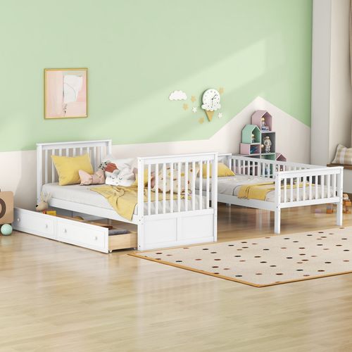 Lit Superposé Convertible 2 X 90 X 200cm En Blanc Avec 2 Tiroirs