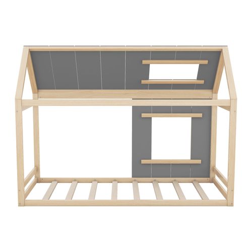 Lit Enfant 90 X 200 Cm Lit Cabane Avec Fenêtre En Naturel + Gris