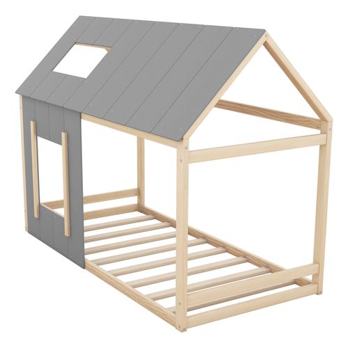 Lit Enfant 90 X 200 Cm Lit Cabane Avec Fenêtre En Naturel + Gris