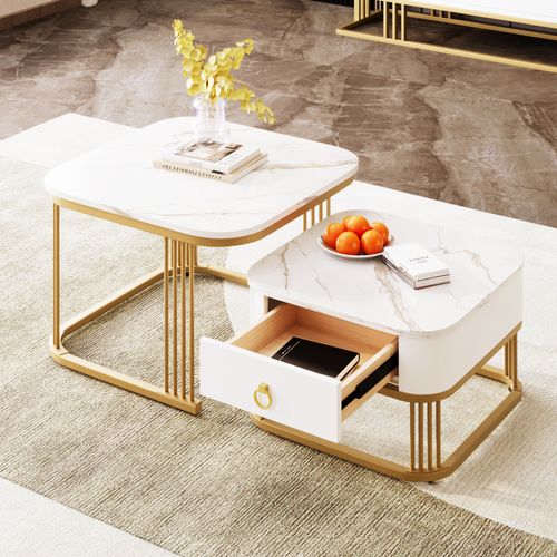 Lot De 2 Tables Basses Gigognes Haute Brillance Avec 1 Tiroir Blanc