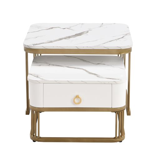 Lot De 2 Tables Basses Gigognes Haute Brillance Avec 1 Tiroir Blanc