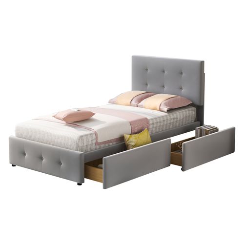 Lit 90 X 200 Cm Avec 2 Tiroirs Et Tête De Lit Gris