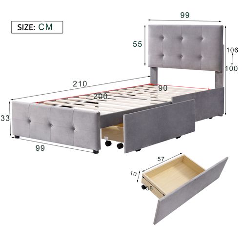 Lit 90 X 200 Cm Avec 2 Tiroirs Et Tête De Lit Gris