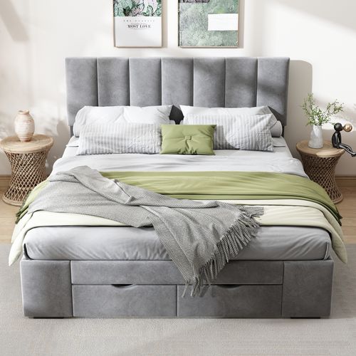 Lit Adulte Rembourré + 4 Tiroir 140 X 200 Cm Velours Gris Avec Tête De Lit Et Sommier