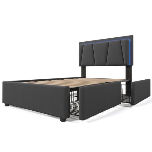 Lit 90 X 200cm Avec 2 Tiroirs + LED - Lin Gris