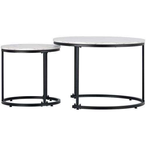 Ensemble De 2 Tables Basses Rondes Avec Cadre En Métal Et Plateau En Panneaux Placage Marbre Blanc