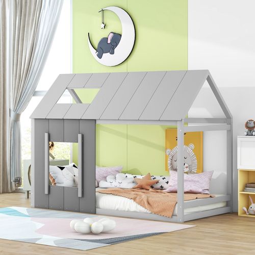 Lit Enfant 90 X 200 Cm Lit Cabane Avec Fenêtre En Gris