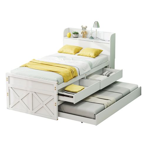 Lit Gigogne 90 X 190cm Avec 2 Tiroirs, Tête De Lit Rangement Et USB Blanc