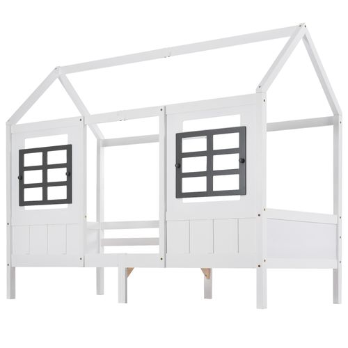 Lit Cabane 90 X 200 Cm Blanc Avec Sommier Et Fenêtres