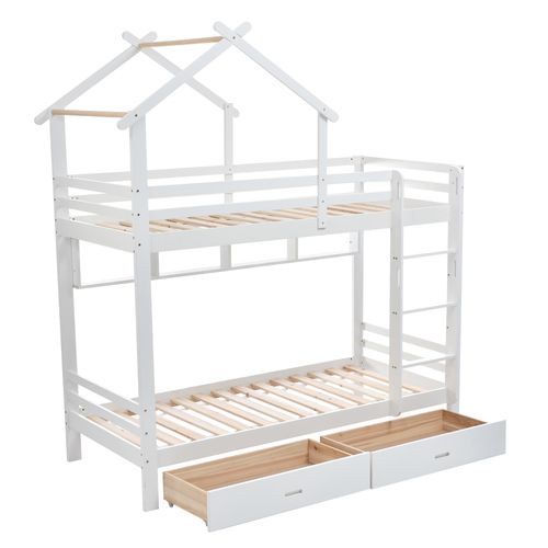 Lit Superposé Cabane Avec Étagère Et 2 Tiroirs 90 X 200 Cm Blanc