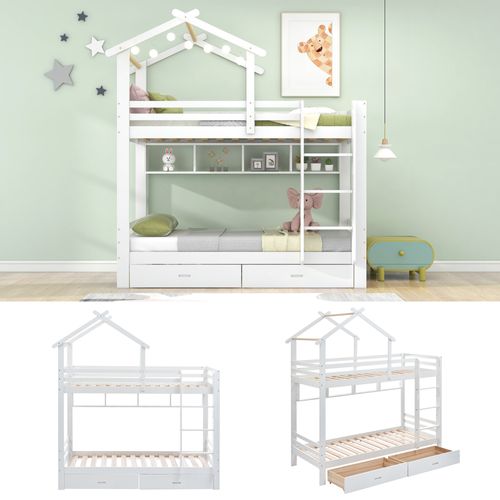 Lit Superposé Cabane Avec Étagère Et 2 Tiroirs 90 X 200 Cm Blanc