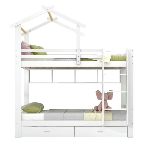Lit Superposé Cabane Avec Étagère Et 2 Tiroirs 90 X 200 Cm Blanc