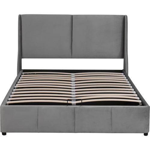 Lit Coffre 140x200 Cm En Velours Gris Avec Tête De Lit Et Sommier