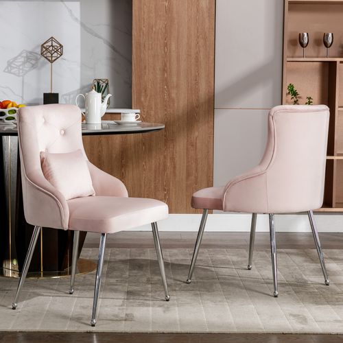 Fauteuil Velours Rose Lot De 2 Chaise De Salle à Manger Avec Coussin Lombaire Et Pieds En Métal