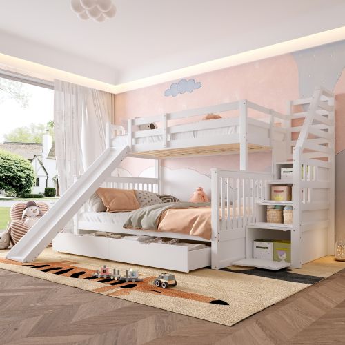 Lit Superposé 90 X 200 + 140 X 200 Cm Avec Tiroirs, Rangements Et Toboggans, Multifonction, Blanc