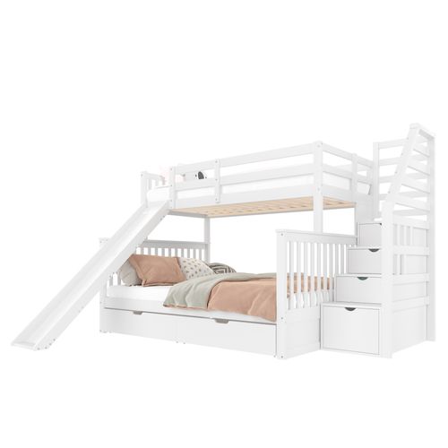 Lit Superposé 90 X 200 + 140 X 200 Cm Avec Tiroirs, Rangements Et Toboggans, Multifonction, Blanc